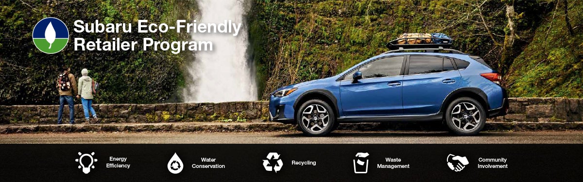 The Subaru Eco-Friendly Retailer Program logo with a blue Subaru and eco icons at bottom. | Flow Subaru of Charlottesville in Charlottesville VA