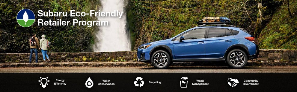 The Subaru Eco-Friendly Retailer Program logo with a blue Subaru and eco icons at bottom. | Flow Subaru of Charlottesville in Charlottesville VA