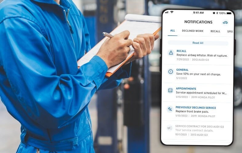 Mechanic writing on a clipboard, overlaid with a smartphone screen showing car service notifications